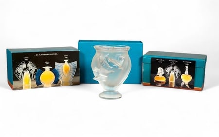 Assorted Lot of Lalique Miniatures Perfume Bottles and a Vase