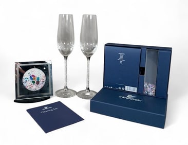 Pair of Swarovski Millenium Champagne Flutes and Crystals Display