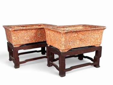 Pair of Chinese Oil Spot Glaze Bonsai Planters on Stands