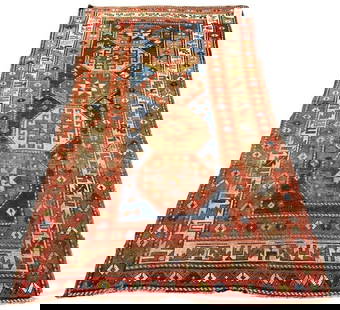 Antique Russian Runner, ca. 1900, 7'6" x 4'1": Wool on wool weft, low pile, a nomadic carpet depicting Kazak star medallions, small animals and geometric orbs. Central medium blue ground, bordered by red and white borders with colorful