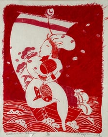 Mayumi Oda Woodblock Print, "Treasure Ships"