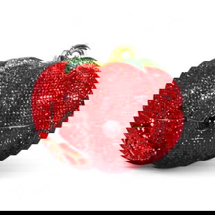 A Judith Leiber Tomato Minaudiere Clutch Bag: A Judith Leiber tomato minaudière clutch bag, the hard shell body is beaded in European crystals, with a removable chain shoulder strap, push-lock closure, metallic leather lining with signature