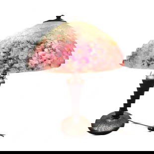 Handel Reverse Painted Table Lamp, Floral and Butterfly #7032: Handel Reverse Painted Table Lamp, Floral and Butterfly pattern Number 7032. The domed shade with &#39;chipped ice&#39; finish, reverse painted with apple blossoms and butterflies in a pink and blue p