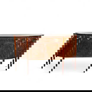 Mahogany Hepplewhite Sideboard, ca. 1790-1800: Hepplewhite inlaid mahogany D shaped sideboard. the beautifully figured double line inlaid single board top conforming to the body which has a single drawers over two cupboard doors, flanked by a draw