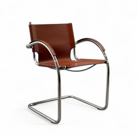Chromed Steel and Leather Upholstered Cantilevered Armchair