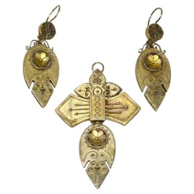 Pair of Etruscan Revival Earrings and Matching Pendant