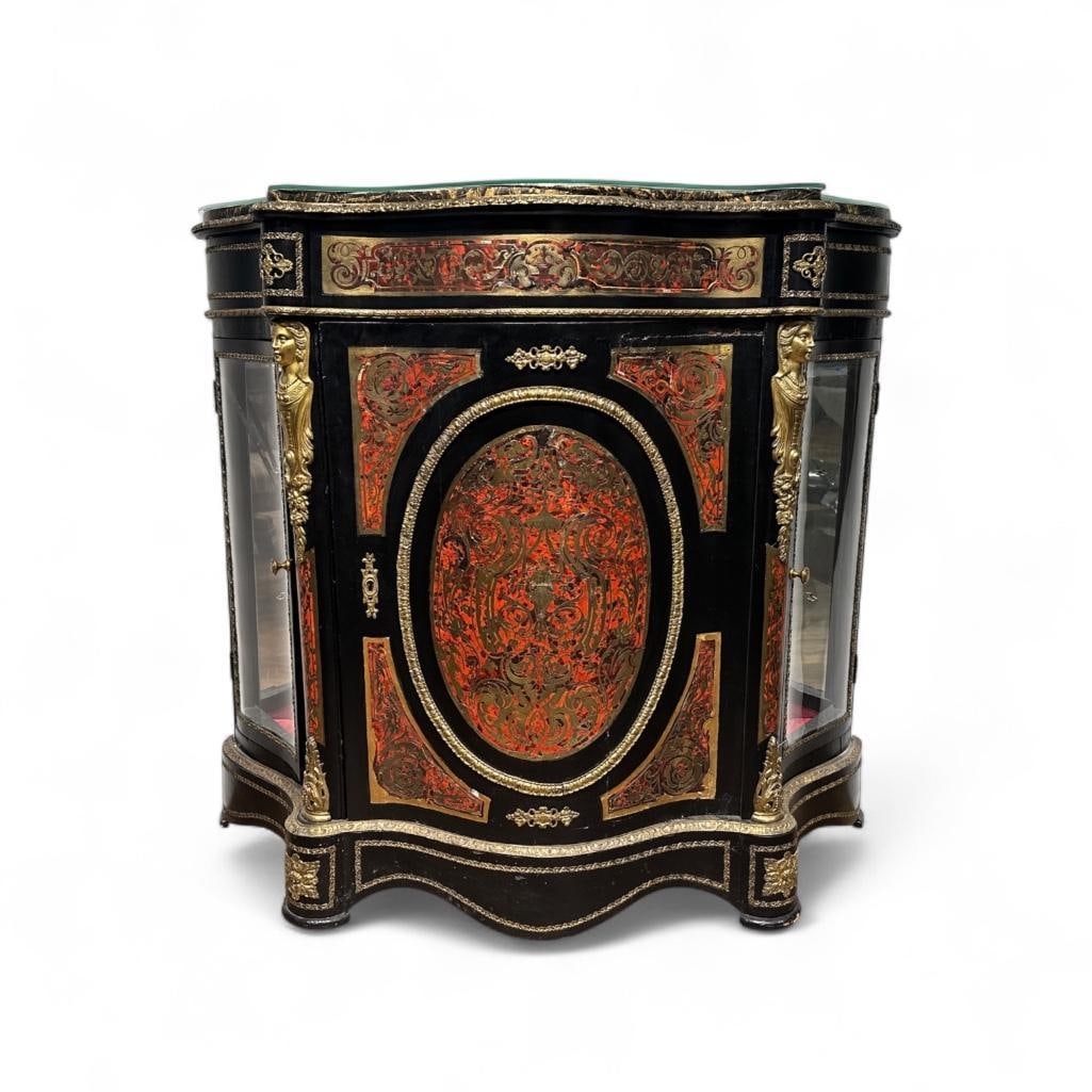 Boulle Marquetry Style Cabinet, Late 19th-Early 20thc.: Boulle Marquetry Style Cabinet, Late 19th-Early 20thc. The serpentine top covered in faux marbre paper, over a shaped hinged door and a pair of glazed side doors, decorated overall with shell and bras
