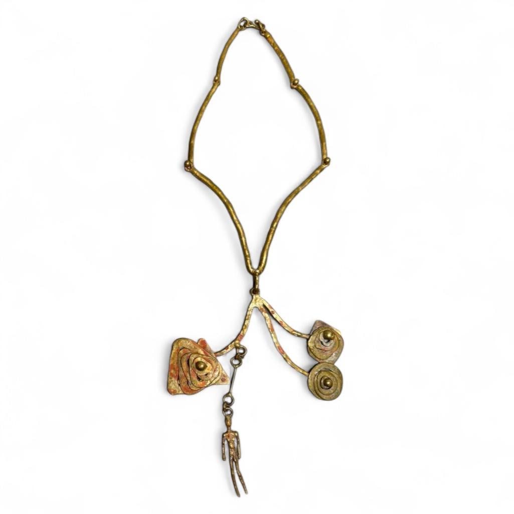 Pal Kepenyes Brass Figural Necklace: Pal Kepenyes (Hungarian/Mexican 1926-2021) Brass Figural Necklace, c.1960's-70's, comprising a 5 link necklace with removable pendant with three branches fitted with stacking loose shapes and