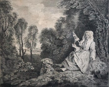 Michel Guillaume Aubert Engraving, after Antoine Watteau "L'Indiscret"