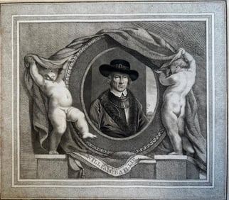 Captain William Baillie Engraving, "Self-Portrait in a Cartouche with Putti"