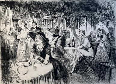 Josef Pierre Nuyttens Etching, "French Cafe"