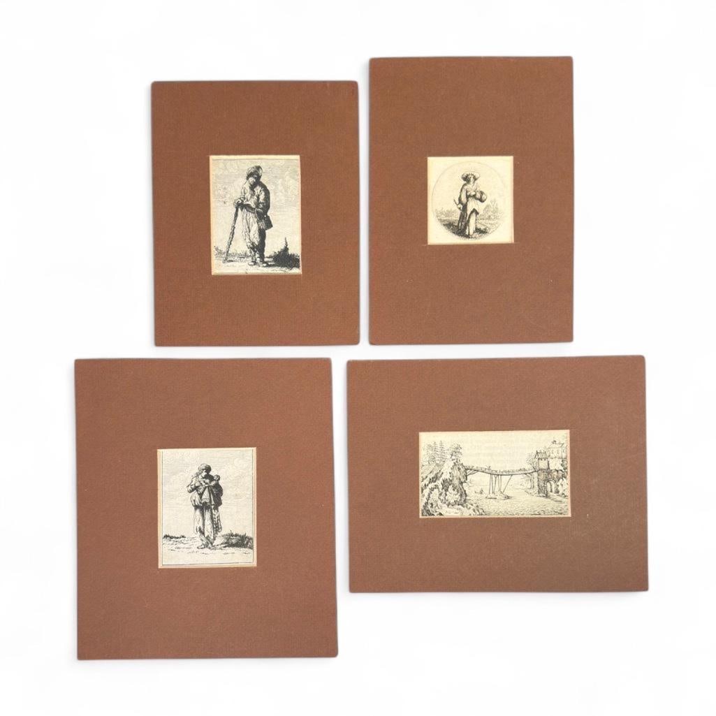 Four Very Small Dutch Old Master Etchings: Four Old Master Etching, comprising; a Beggar With a Child after Johannes van Vliet; a Beggar with a Stick, and a Beggar with Basket and Stick, after Cornelis Bega, and a Landscape with Footed Bridge