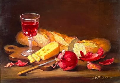 Lois S. McCune Oil, Still Life with Cheese, Onions, Bread and Glass of Wine