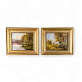 Pair of Josef Kugler Oils, Landscape with Pond and Landscape with Fields