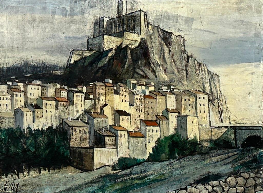 Charles Levier Oil, "Sisteron": Charles Levier (French 1920-2003) "Sisteron," oil on canvas, signed lower left, signed and titled verso, framed. Dimensions: 30 x 40 in. canvas size, 36 x 47.5 in. as framed. Condition: Very g