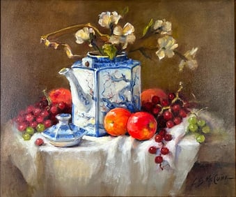 Lois S. McCune Oil, Still Life with Fruit and Flowers and Japanese Teapot