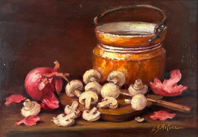 Lois S. McCune Oil, Still Life with Mushrooms, Onions and Copper Pot