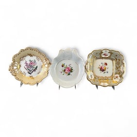 Three Antique English and Continental Porcelain Botanical Decorated Serving Dishes, 19thc.