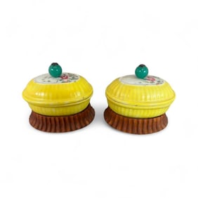 Pair of Chinese Yellow Glaze Covered Dishes on Stands with Jade Finials