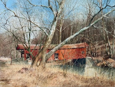 Charles C. Pitcher Watercolor, Covered Bridge in Autumn