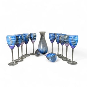 Steven Maslach Hand Blown Art Glass Volcano Goblets and Decanter