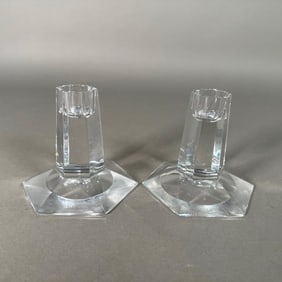 Pair of Tiffany & Co Crystal Candlesticks, after Frank Lloyd Wright