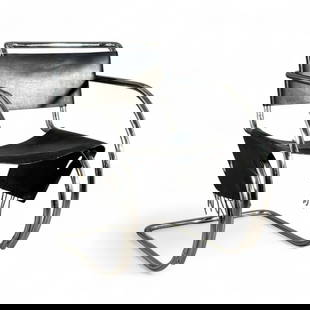 Ludwig Mies van der Rohe MR20 Cantilever Chair: Designed by MVDR for Knoll International, ca. 1927, chrome-plated tubular steel, laced black saddle leather seat and backrest. 31.75 h x 21.75 w x 33 d in. This modernist design is said to have been d