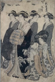 Chobunsai Eishi Woodblock Print, "Courtesans Viewing Cherry Blossoms"