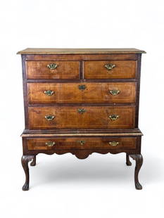 Antique Georgian Burl Walnut Lowboy: Georgian burl walnut lowboy chest on frame, scroll feet with scalloped apron, inlaid satinwood banding, brass pull handles and lock escutcheons. Condition: Fair, some loss to veneer all around, scratc