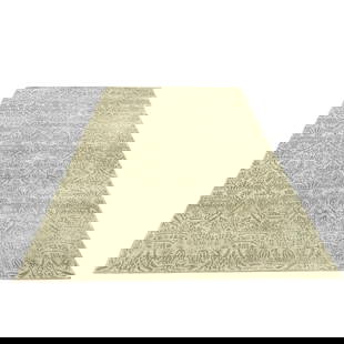 Atelier Lapchi Silk and Wool Carpet, 9' x 7': Hand made in Nepal, modern carpet, wool and silk in a sage green, reflecting light on the silk design of a repeating vase design. Dimensions: 9' x 7'. Condition: Excellent, new.