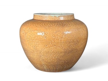 Large Chinese Yellow Glaze Jar with Slip Decoration