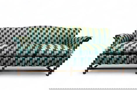 Upholstered Baker Sofa: Baker green and cream striped fabric over wood frame. Dimensions: 6'6" x 3'0 x 2'11" Condition: Very good