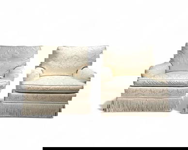 Pair of Heirloom Upholstered Chairs: Pair of upholstered arm chairs, matching the Heirloom sofa in this auction, cream color Damask style fabric, with thick rope fringe at bottom.   Dimensions: 30&#34; x 32&#34; x 36&#34; Condition: Exce
