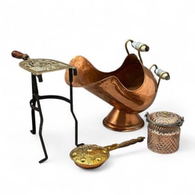 Group into one offering of antique copper fire-side wares