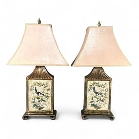 Pair of Pagoda Shaped Lamps With Birds