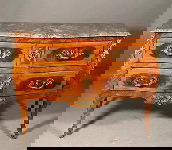 A Louis XV Inlaid Bombe Commode with Marble Top, 18thc.: A Louis XV Inlaid Bombe Commode with Marble Top, 18thc. With marble top over conforming case, with a pair of short drawers and a single long drawer, parquetry inlaid, with gilt bronze mounts, raised o