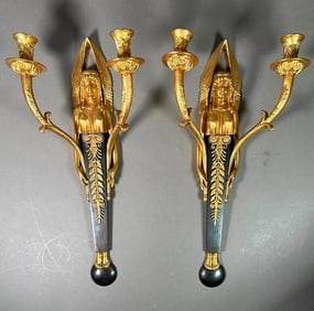 Pair of French Empire Style Bronze Two Light Wall Sconces