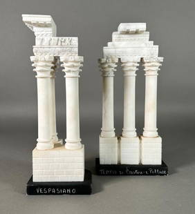 Grand Tour Alabaster Models of The Temples of Castor & Pollux and Vespasian: Grand Tour Marble Models of The Temples of Castor & Pollux and Vespasian, 20thc. Each with Corinthian columns supporting carved and molded cornices, raised on a soft stone base inscribed with the