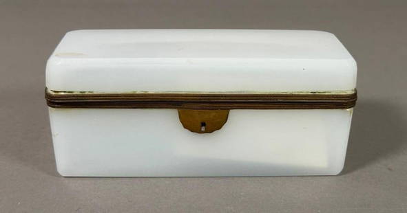 French Opaline Glass Box, 19thc.: French Opaline Glass Box, 19thc. Rectangular box with hinged cover and bronze mounts. Dimensions: 3 x 6.5 x 2.25 in. Condition: Small gouge in front right top corner of bottom. Some polishing or