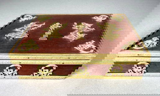French Empire Mahogany Box with Ormolu Mounts, 19thc.: French Empire Mahogany Box with Ormolu Mounts, 19thc. Rectangular mahogany box fitted with gilt bronze Maenads dancing before Cupid standing on a columnar pedestal, the corners of the top and the