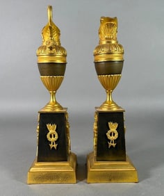 A Pair of French Empire Bronze and Ormolu Candlesticks in the Form of Ewers, 19thc.