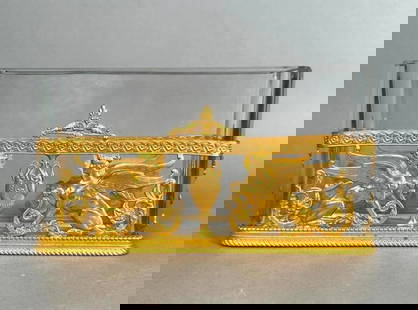 Napoleon III Bronze Mounted Crystal Vase: Napoleon III Bronze Mounted Crystal Vase, 19thc. Rectangular form in clear crystal fitted with gilt bronze mounts cast in the form of confronted winged sphinxes, centering an urn with swan neck handle