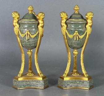 Pair of French Gilt Bronze and Marble Cassolettes, 19thc.: Pair of French Gilt Bronze and Marble Cassolettes, 19thc. Each pale green marble urn form with domed marble cover and gilt bronze finial reversing to gilt bronze candlestick nozzle, supported on tripo