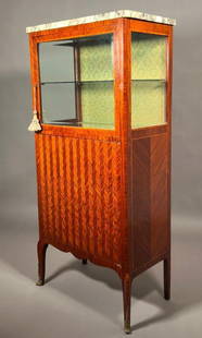Louis XVI Style Parquetry Vitrine Cabinet with Marble Top, Late 19thc.: Louis XVI Style Parquetry Vitrine Cabinet with Marble Top, Late 19thc. Veined marble top over vitrine section glazed on three sides, with a hinged beveled glass door to the front, opening to a fabric