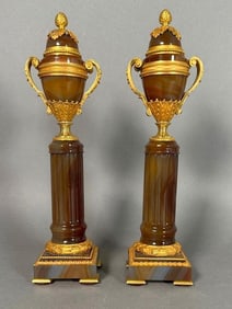 Fine Pair of French Gilt Bronze Mounted Agate Cassolettes, 19thc.