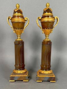 Fine Pair of French Gilt Bronze Mounted Agate Cassolettes, 19thc.: Fine Pair of French Gilt Bronze Mounted Agate Cassolettes, 19thc. Of columnar form surmounted by a covered urn form, each domed cover with gilt bronze pine cone and foliate finial, reversing to a cand