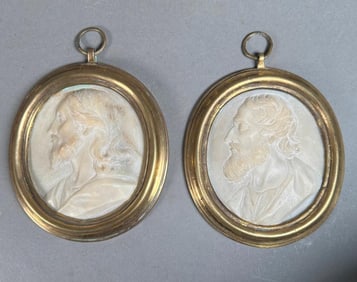 Two Italian Carved Marble Profile Portraits in Brass Frames