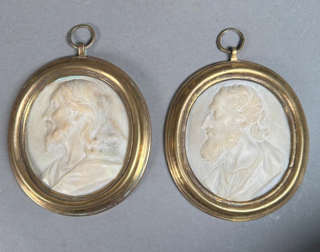 Two Italian Carved Marble Profile Portraits in Brass Frames (1 of 4)