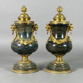 A Pair of French Gilt Bronze and Marble Cassolettes