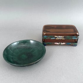 Chinese Glass and Enamel Box and Green Glass Dish